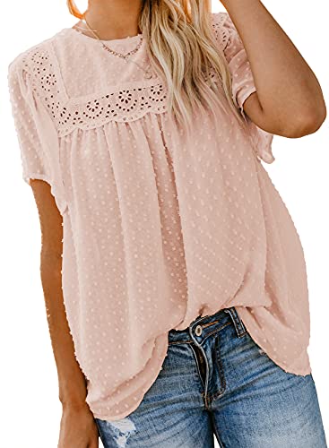 Dokotoo Damen Bluse Sommer Kurzarm Oberteile Spitzen Aushöhlen T-Shirt Elegant Rundhals Swiss Dot Chiffonblusen Shirts Tops M, Aprikose von Dokotoo