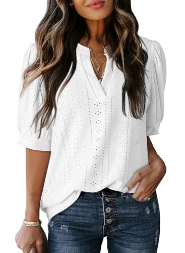 Dokotoo Damen Bluse Sommer Kurzarm Tshirt Elegant V-Ausschnitt Hohle Spitzen Hemdbluse Business Casual Oberteile Shirt Tops, weiß, 2XL von Dokotoo