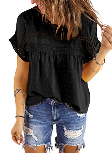 Dokotoo Damen Bluse Sommer Spitzen Kurzarm Tunika Casual Rundhals Lose Blusenshirt Oberteile Shirt, schwarz, XXL von Dokotoo