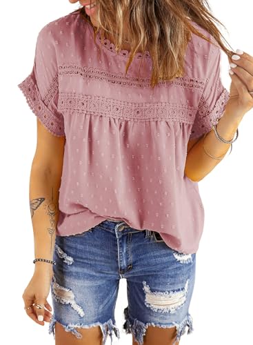 Dokotoo Damen Bluse Sommer Spitzen Kurzarm Tunika Elegant Rundhals Lose Chiffonbluse Boho Oberteile Shirt, rosa, S von Dokotoo