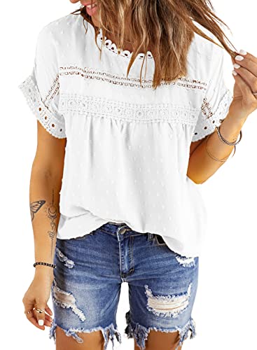 Dokotoo Damen Bluse Sommer Spitzen Kurzarm Tunika Elegant Rundhals Lose Chiffonbluse Boho Oberteile Shirt, weiß, S von Dokotoo