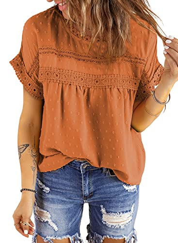 Dokotoo Damen Bluse Sommer Spitzen Kurzarm Tunika Elegant Rundhals Lose Sommerbluse Glitzer Oberteile Shirt, orange, M von Dokotoo