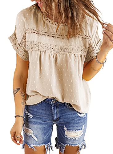 Dokotoo Damen Bluse Sommer Spitzen Kurzarm Tunika Elegant Rundhals Lose Trachtenbluse Festliche Oberteile Shirt, Aprikose, L von Dokotoo