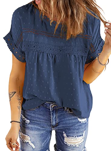 Dokotoo Damen Bluse Sommer Spitzen Kurzarm Tunika Elegant Rundhals Lose Trachtenbluse Festliche Oberteile Shirt, blau, L von Dokotoo