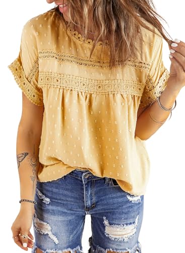 Dokotoo Damen Bluse Sommer Spitzen Kurzarm Tunika Elegant Rundhals Lose Trachtenbluse Festliche Oberteile Shirt, gelb, L von Dokotoo