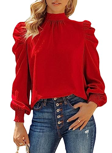 Dokotoo Damen Bluse Stehkragen Chiffonbluse Puff Ärmel Oberteil Elegant Langarm Damenblusen Tops Pullover, rot, L von Dokotoo