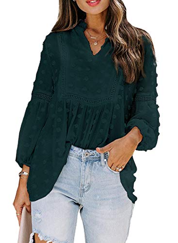 Dokotoo Damen Bluse V-Ausschnitt Langarm Tunika Frühling Sommer Vintage Boho Oberteile Shirts Tops Spitze Laternenärmel Lose Sweatshirt Langarmshirt, Dunkelgrün, M von Dokotoo