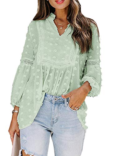 Dokotoo Damen Bluse V-Ausschnitt Langarm Tunika Frühling Sommer Vintage Boho Oberteile Shirts Tops Spitze Laternenärmel Lose Sweatshirt Langarmshirt, grün, L von Dokotoo