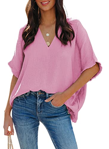 Dokotoo Damen Bluse V-Ausschnitt Musselin Tunika Shirt Oberteil Kurzarm Oversize Longshirt Sommerbluse Tops, rosa, XL von Dokotoo