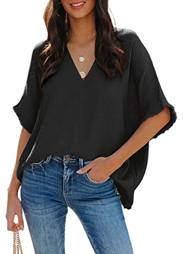 Dokotoo Damen Bluse V-Ausschnitt Musselin Tunika Shirt Oberteil Kurzarm Oversize Longshirt Sommerbluse Tops, schwarz, XL von Dokotoo