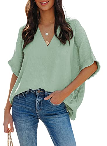 Dokotoo Damen Bluse V-Ausschnitt Musselin Tunika Shirt Oberteil Sommer Kurzarm Oversize Longbluse Tops, grün, S von Dokotoo