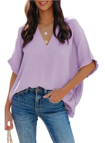 Dokotoo Damen Bluse V-Ausschnitt Musselin Tunika Shirt Oberteil Sommer Kurzarm Oversize Longbluse Tops, lila, S von Dokotoo