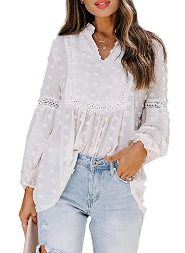 Dokotoo Damen Bluse Weiß V-Ausschnitt Langarm Tunika Frühling Sommer Vintage Boho Oberteile Shirts Tops Spitze Laternenärmel Lose Sweatshirt Langarmshirt Small von Dokotoo