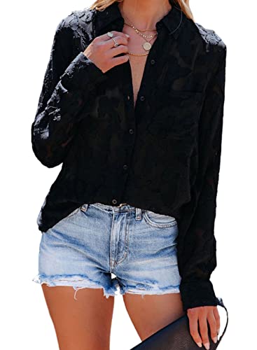 Dokotoo Hemd Damen Bluse Elegant Hemdbluse Langarm Jacquard-Spitze Blusehemd Einfarbig Basic Hemden Casual Oberteile OL Langarmshirt Tops Lose mit Knöpfen Schwarz XXL von Dokotoo