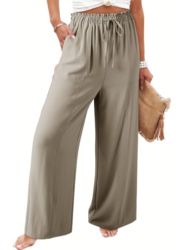 Dokotoo Damen Hosen Weite Leichte Sommerhose Hohe Taille Palazzo Hose Sommer Elegante Stoffhose Leinenhose, Khaki, 2XL von Dokotoo