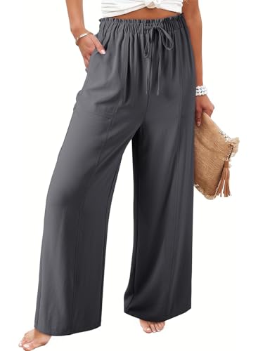 Dokotoo Damen Hosen Weite Leichte Sommerhose Hohe Taille Palazzo Hose Sommer Elegante Stoffhose Leinenhose, dunkelgrau, S von Dokotoo