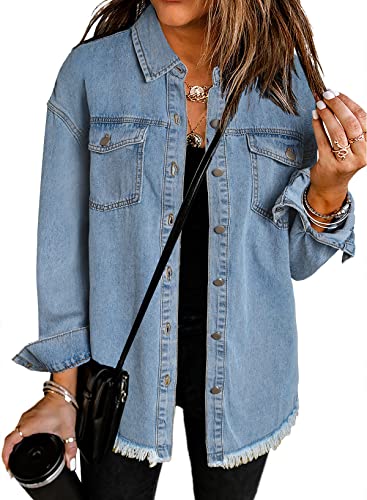 Dokotoo Damen Jeansjacke Oversize Übergangsjacke Casual Denim Hemdjacke Streetwear Distresse Jeans Jacken für Herbst Winter, himmelblau, XL von Dokotoo