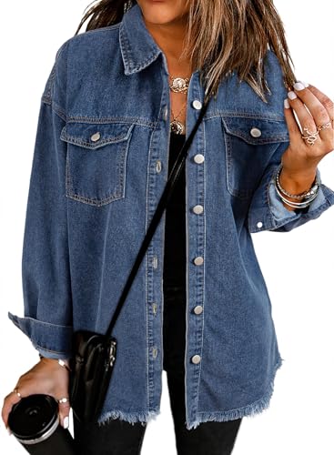 Dokotoo Damen Jeansjacke Oversize Übergangsjacke Casual Langarm Jeans Jacken Button Down Streetwear Freizeitjacke, blau, L von Dokotoo