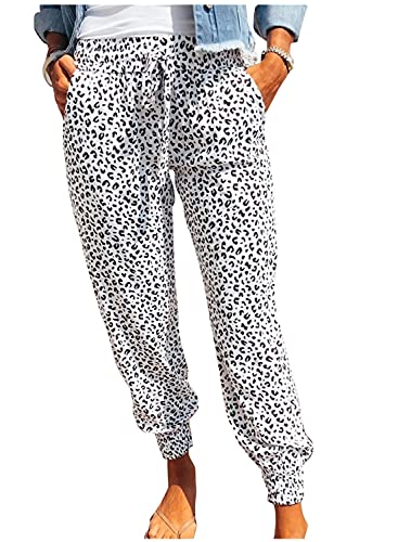 Dokotoo Damen Jogginghose Lang Freizeithose Sommerhose Elastisch Lose Pumphose Haremshose Leichte Lässige Stoffhose Strandhose, Leopard, L von Dokotoo