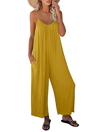 Dokotoo Damen Jumpsuit Ärmellos Jumpsuit Casual Overall Sexy Hosenanzug V-Ausschnitt Playsuit Sommer Oversize Lose Hose mit Taschen Gelb 2XL von Dokotoo