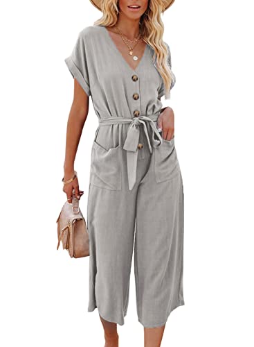 Dokotoo Damen Jumpsuit Elegant Kurzarm V-Ausschnitt Overall Sommer Lang Hosenanzug Festlich Hochzeit Playsuit Romper, grau, XL von Dokotoo