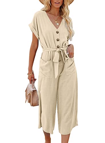 Dokotoo Damen Jumpsuit Elegant Kurzarm V-Ausschnitt Overall Sommer Lang Hosenanzug Festlich Hochzeit Playsuit Romper, khaki, L von Dokotoo