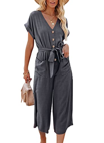 Dokotoo Damen Jumpsuit Elegant Kurzarm V-Ausschnitt Overall Sommer Lose Hosenanzug Lang Playsuit Romper, grau, S von Dokotoo