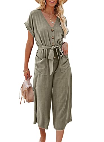 Dokotoo Damen Jumpsuit Elegant Kurzarm V-Ausschnitt Overall Sommer Lose Hosenanzug Lang Playsuit Romper, grün, XXL von Dokotoo