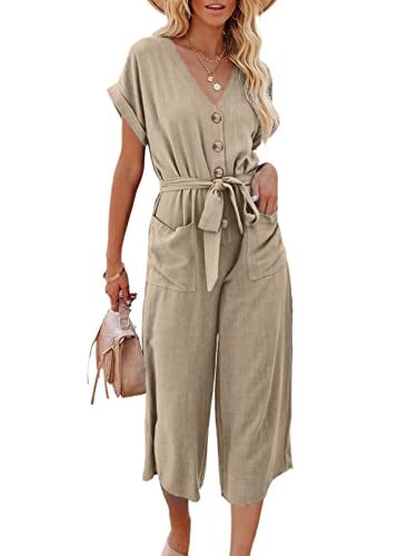 Dokotoo Damen Jumpsuit Elegant Kurzarm V-Ausschnitt Overall Sommer Lose Hosenanzug Lang Playsuit Romper, khaki, XXL von Dokotoo