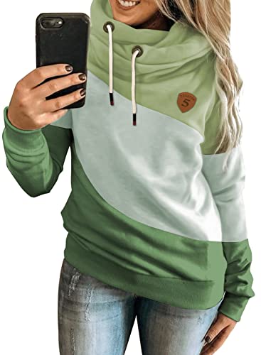 Dokotoo Damen Kapuzenpullover Farbblock Hoodie Pullover Stehkragen Langarm Sweatshirt Oberteile Pulli für Herbst Winter, grün, L von Dokotoo