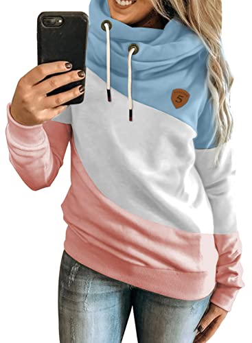 Dokotoo Damen Kapuzenpullover Farbblock Hoodie Pullover Stehkragen Langarm Sweatshirt Oberteile Pulli für Herbst Winter, himmelblau, XL von Dokotoo