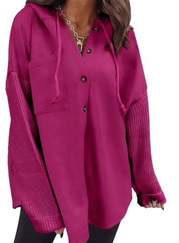Dokotoo Damen Kapuzenpullover Knopfleiste Oversize Hoodie Pullover Herbst Winter Baumwolle Sweatshirt Jacke Sweatjacke mit Kapuze, Rose, S von Dokotoo