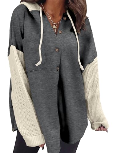 Dokotoo Damen Kapuzenpullover Knopfleiste Oversize Hoodie Pullover Herbst Winter Baumwolle Sweatshirt Jacke Sweatjacke mit Kapuze, dunkelgrau, S von Dokotoo