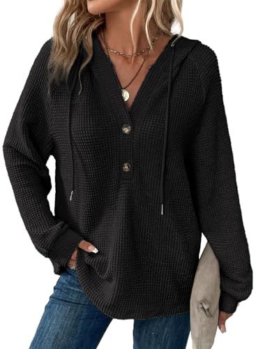Dokotoo Damen Kapuzenpullover Knopfleiste V-Ausschnitt Hoodie Pullover Langarm Casual Sweatshirt Oberteil Tops, schwarz, S von Dokotoo