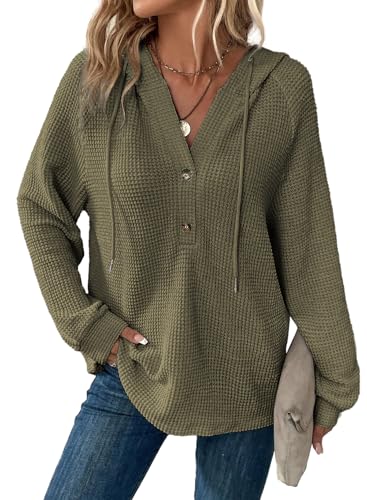 Dokotoo Damen Kapuzenpullover Knopfleiste V-Ausschnitt Hoodie Pullover Langarm Henley Sweatshirt Oberteil Kapuzenpulli mit Kordelzug, grün, XXL von Dokotoo