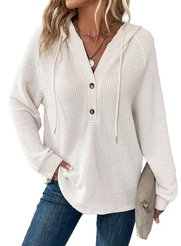 Dokotoo Damen Kapuzenpullover Knopfleiste V-Ausschnitt Hoodie Pullover Langarm Henley Sweatshirt Oberteil Kapuzenpulli mit Kordelzug, weiß, XXL von Dokotoo