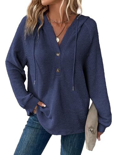 Dokotoo Damen Kapuzenpullover Knopfleiste V-Ausschnitt Hoodie Pullover Langarm Herbst Winter Kapuzenpulli Casual Waffel Sweatshirt Oberteil Tops, blau, M von Dokotoo