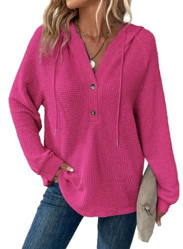Dokotoo Damen Kapuzenpullover Knopfleiste V-Ausschnitt Hoodie Pullover Langarm Herbst Winter Kapuzenpulli Casual Waffel Sweatshirt Oberteil Tops, rosenrot, M von Dokotoo