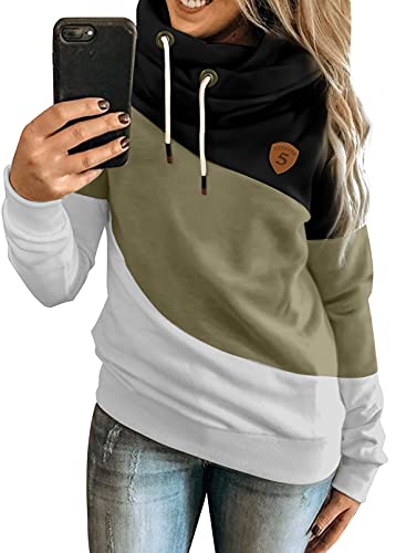 Dokotoo Damen Kapuzenpullover Schwarz Stehkragen Hoodie Pullover Farbblock Sweatshirt Langarmshirt Oberteile für Herbst Winter Medium von Dokotoo