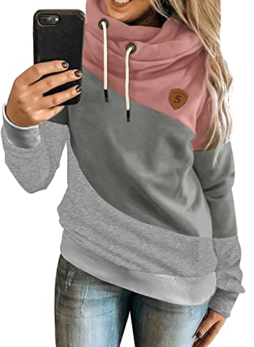 Dokotoo Damen Kapuzenpullover Stehkragen Hoodie Pullover Farbblock Sweatshirt Langarmshirt Oberteil für Herbst Winter, rosa, L von Dokotoo