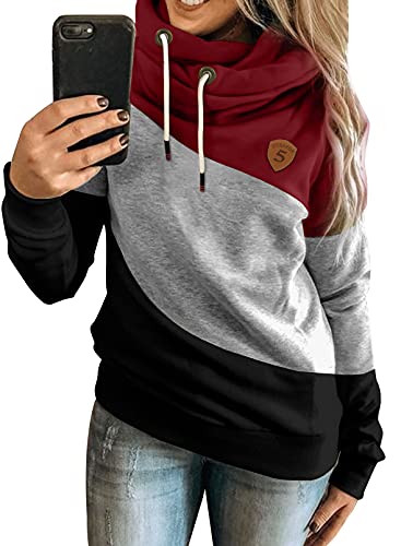 Dokotoo Damen Kapuzenpullover Stehkragen Hoodie Pullover Farbblock Sweatshirt Langarmshirt Oberteile für Herbst Winter L, Rot von Dokotoo