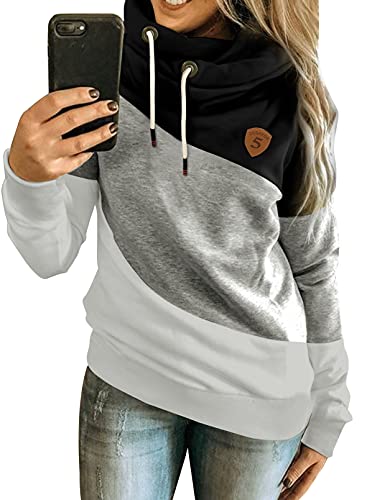 Dokotoo Damen Kapuzenpullover Stehkragen Hoodie Pullover Farbblock Sweatshirt Langarmshirt Oberteile für Herbst Winter M, Schwarz von Dokotoo