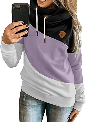 Dokotoo Damen Kapuzenpullover Stehkragen Hoodie Pullover Farbblock Sweatshirt Langarmshirt Oberteile für Herbst Winter XL, Violett von Dokotoo