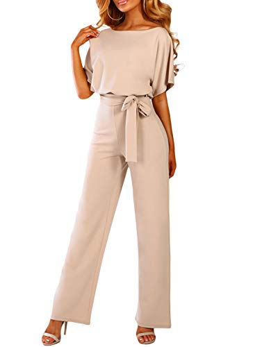 Dokotoo Damen Kurzarm Lang Jumpsuit Elegant Overall Jumpsuit O-Ausschnitt Playsuit Rückenfrei Sexy Hosen mit Gürtel Aprikose L von Dokotoo