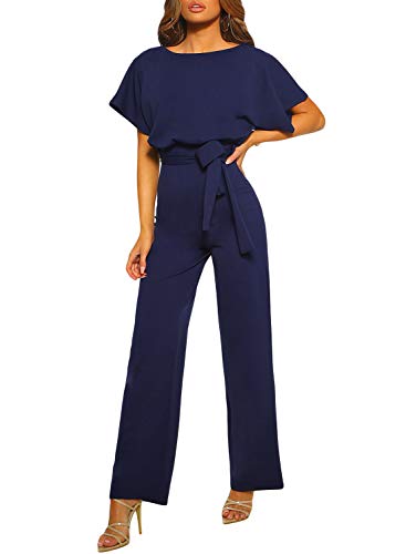 Dokotoo Damen Kurzarm Lang Jumpsuit Elegant Overall Jumpsuits O-Ausschnitt Playsuit Rückenfrei Sexy Hosenanzug mit Gürtel Blau 2XL von Dokotoo