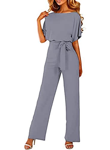 Dokotoo Damen Kurzarm Lang Jumpsuit Elegant Overall Jumpsuits O-Ausschnitt Playsuit Rückenfrei Sexy Hosenanzug mit Gürtel Grau 2XL von Dokotoo