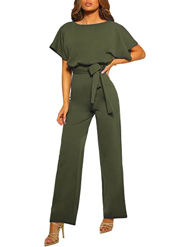 Dokotoo Damen Kurzarm Lang Jumpsuit Elegant Overall Jumpsuits O-Ausschnitt Playsuit Rückenfrei Sexy Hosenanzug mit Gürtel Grün 2XL von Dokotoo