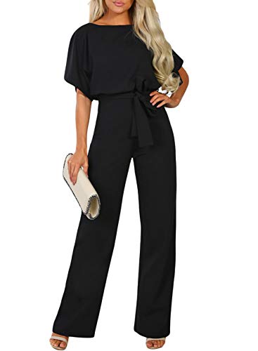 Dokotoo Damen Kurzarm Lang Jumpsuit Elegant Overall Jumpsuit O-Ausschnitt Playsuit Rückenfrei Sexy Hosen mit Gürtel Schwarz S von Dokotoo