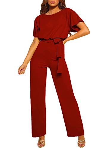 Dokotoo Damen Kurzarm Lang Jumpsuit Elegant Overall Jumpsuits O-Ausschnitt Hosenanzug Festlich Hochzeit Playsuit Romper mit Gürtel Rot XL von Dokotoo