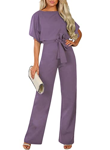 Dokotoo Damen Kurzarm Lang Jumpsuit Elegant Overall Jumpsuits O-Ausschnitt Playsuit Rückenfrei Sexy Hosenanzug mit Gürtel Lila 2XL von Dokotoo